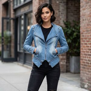 Chou Yatou Blue Denim Moto Jacket Size Extra Small NWT